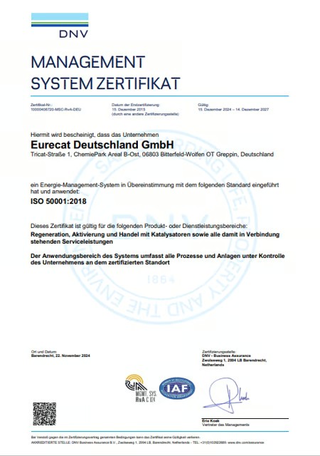 Managementsystem-Zertifikat ISO 50001:2018 der Eurecat Deutschland GmbH, ausgestellt von DNV
