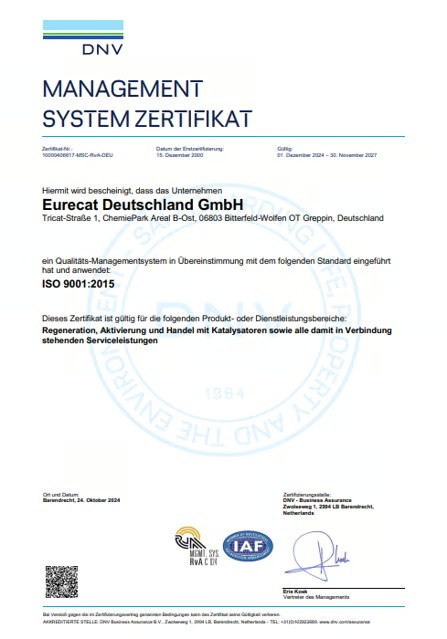 Managementsystem-Zertifikat ISO 9001:2015 der Eurecat Deutschland GmbH, ausgestellt von DNV